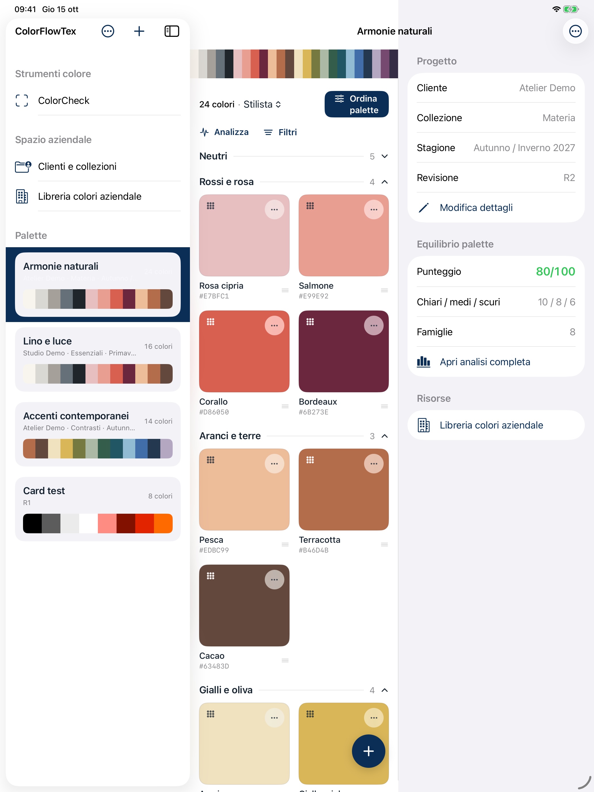 ColorFlowTex 1.5 su iPad: editor, progetto ed equilibrio palette