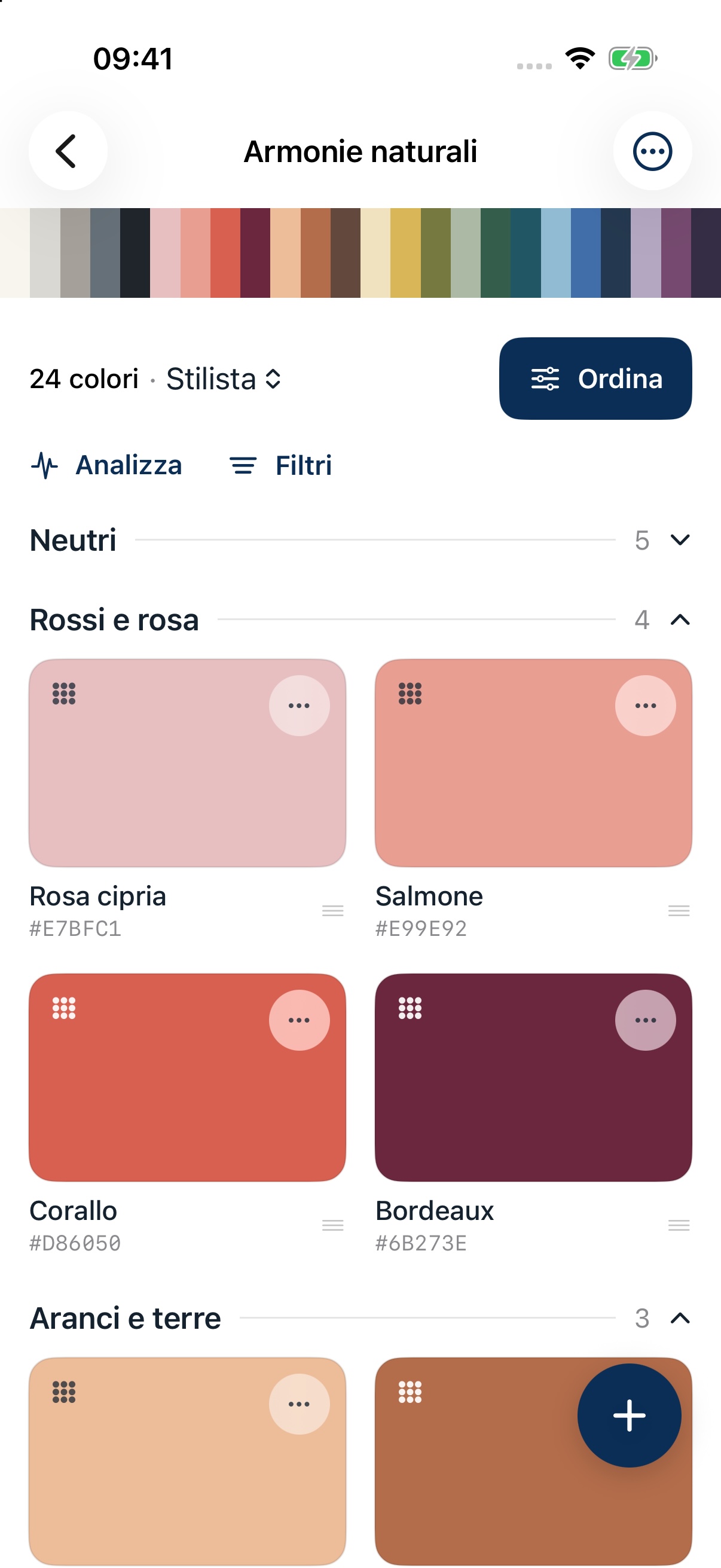 Editor iPhone con famiglie cromatiche e campioni